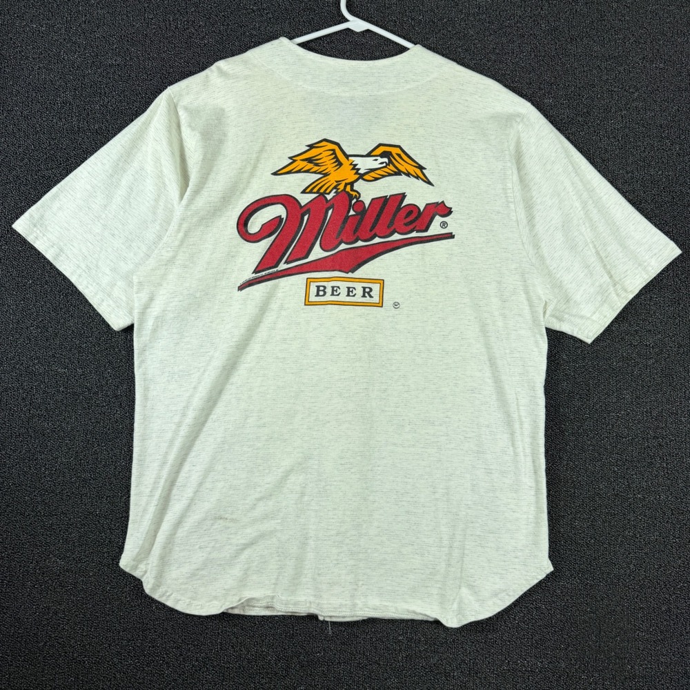 Vintage 1996 Miller Beer Eagle Baseball Jersey Shirt Mens L Gray Zoodas USA Made